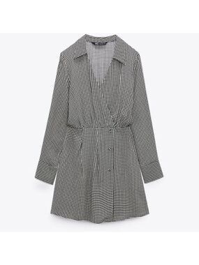 Zara black white houndstooth wrap mini shirt dress S long sleeve V-neck classy